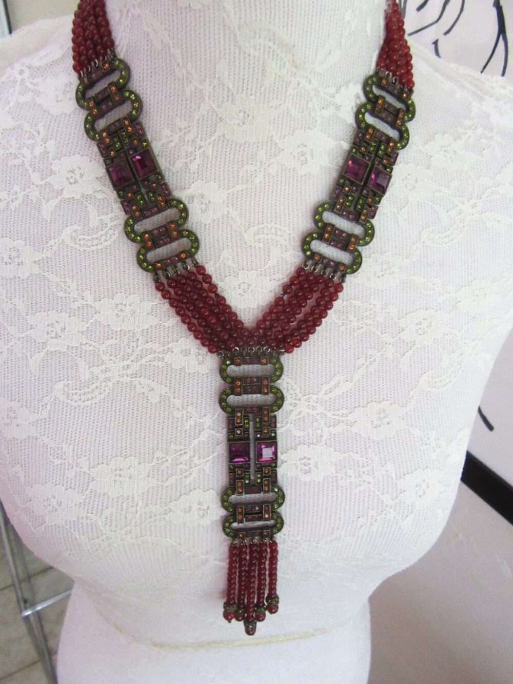 HEIDI DAUS Art Deco Revival burgundy beaded flapper necklace with rhinestones